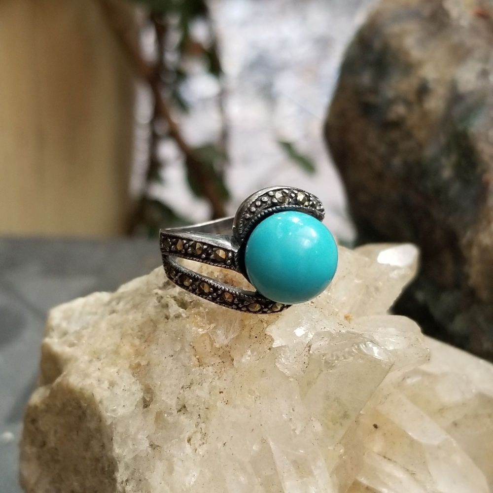Turquoise, Marcasite and Sterling Silver Ring